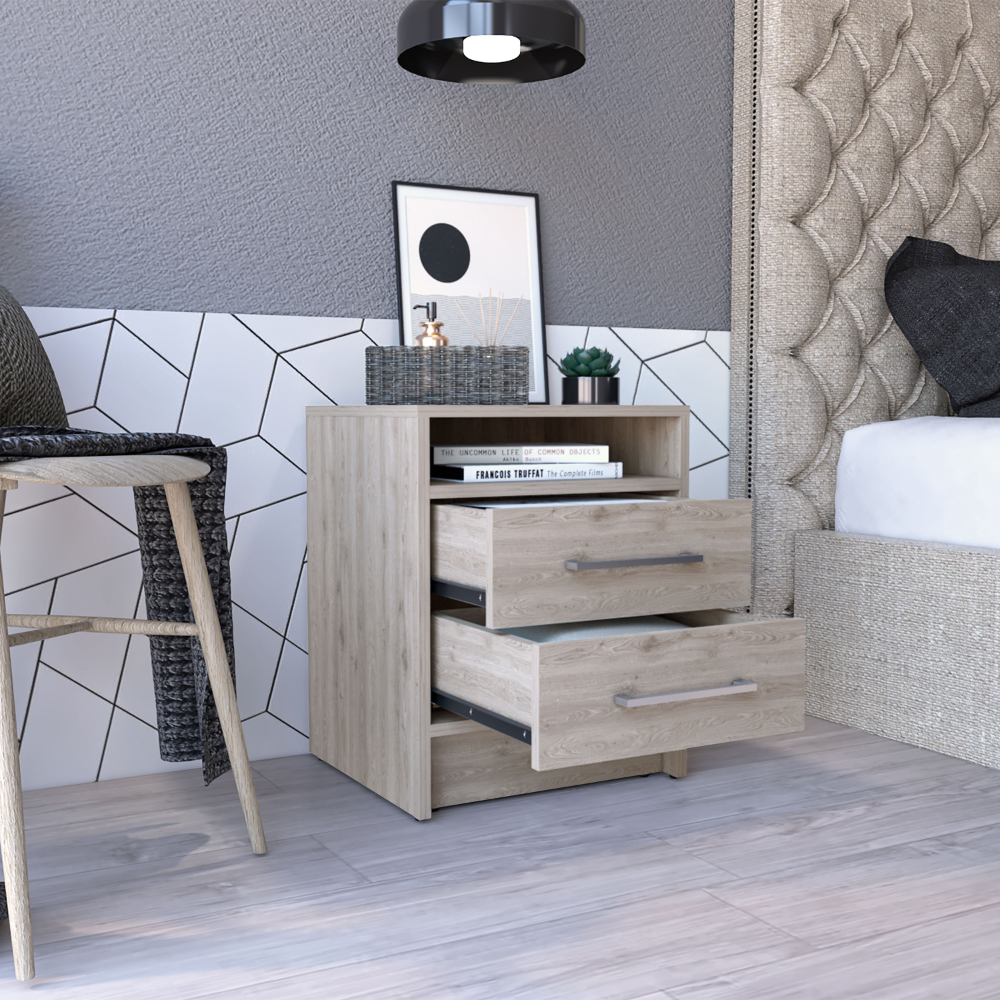 Light oak wood bedside table with two drawers and open shelf modern bedroom furniture