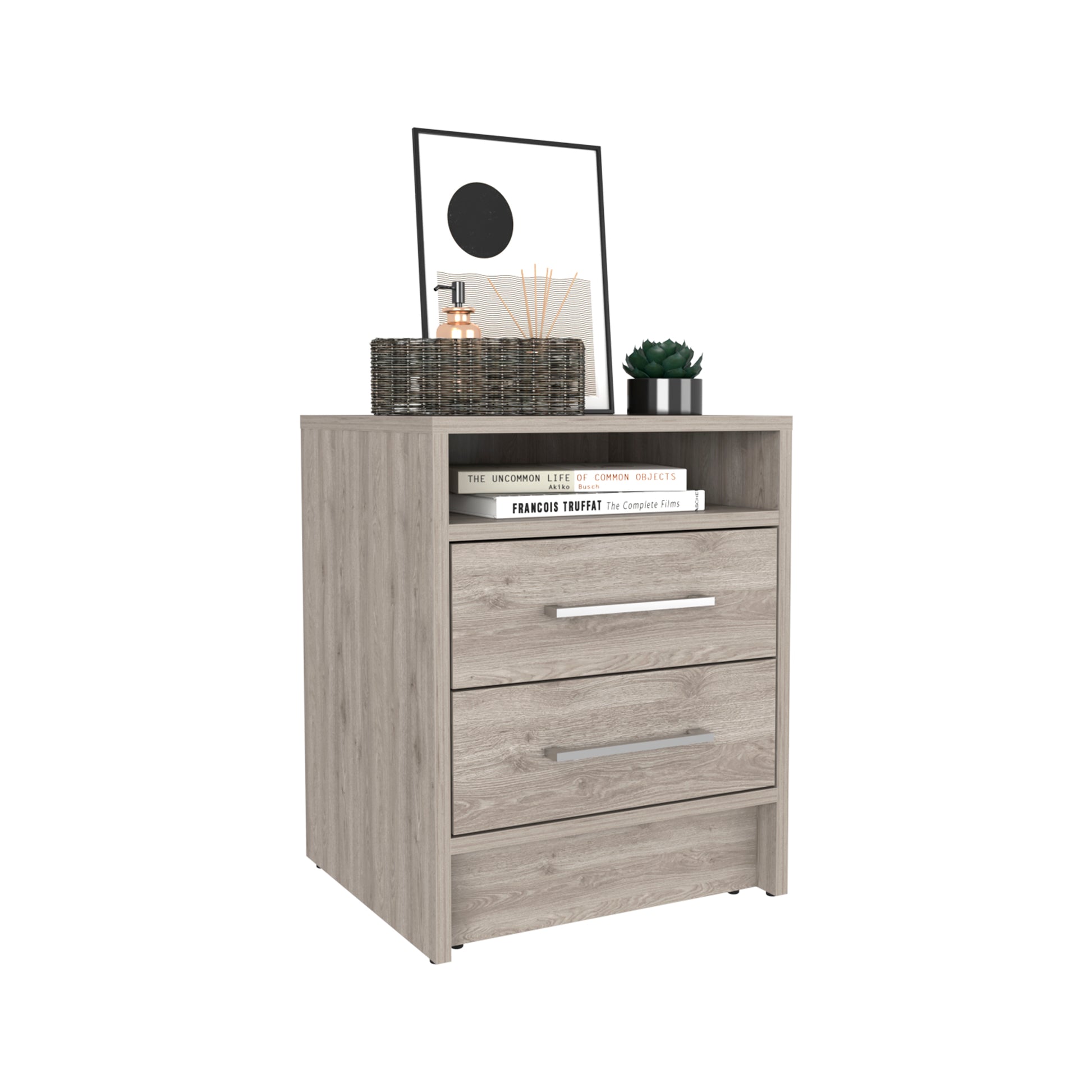 Light brown wood bedside table with two drawers and open shelf