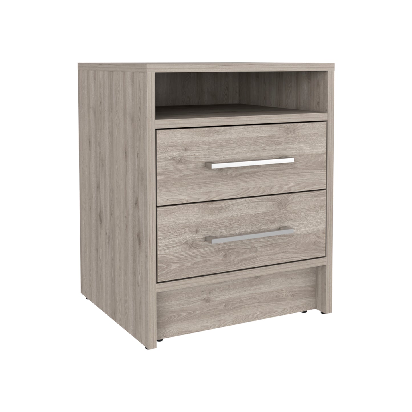 Light oak bedside table with two drawers and open shelf