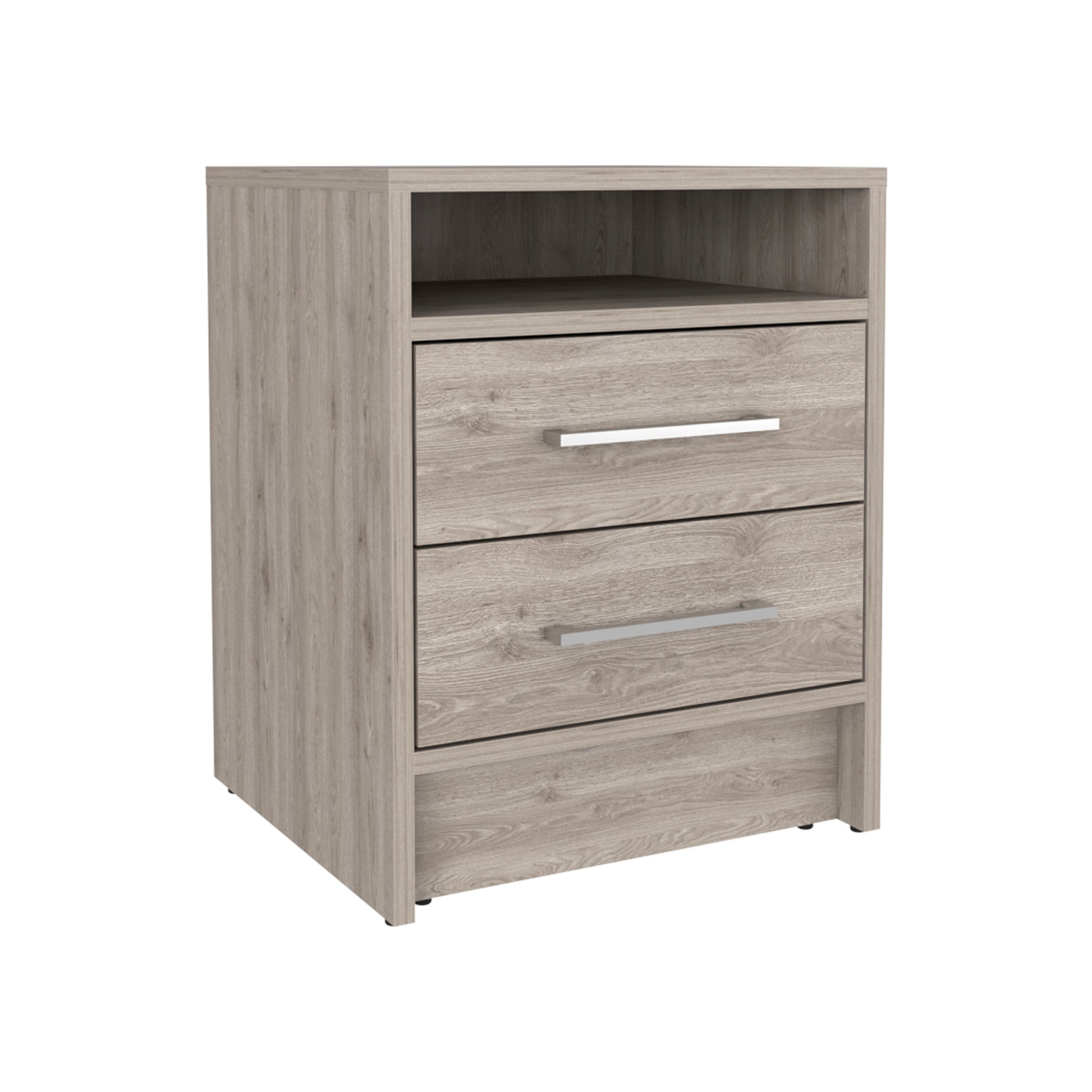 Light oak bedside table with two drawers and open shelf