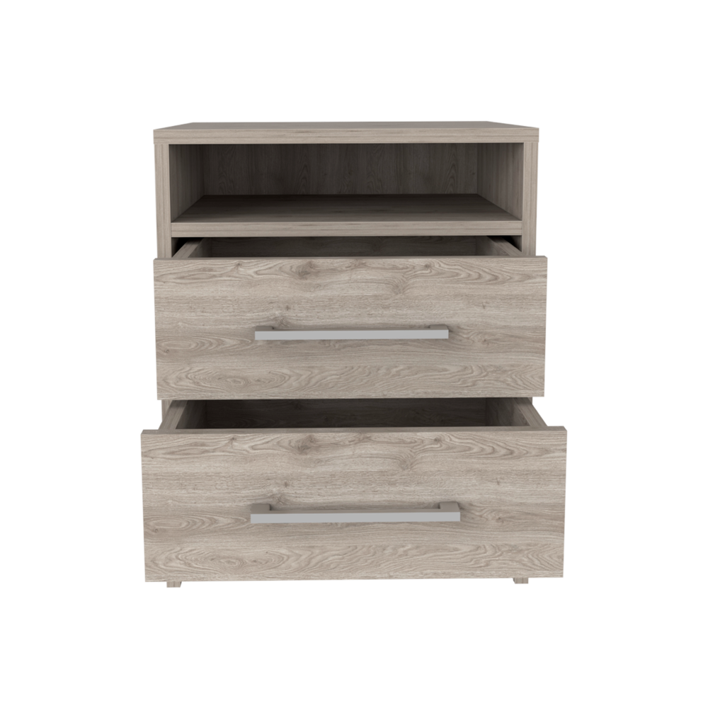 Light oak effect bedside table with two drawers and open shelf