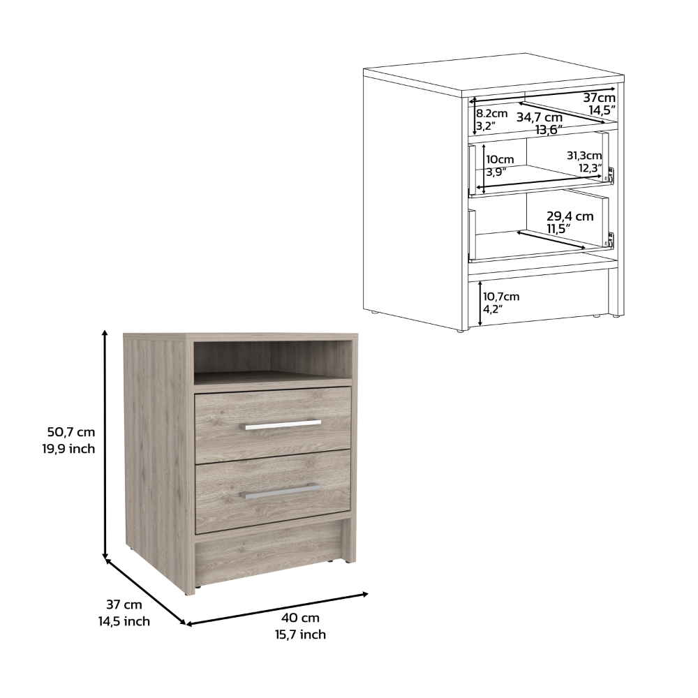 Light oak effect bedside table with two drawers and an open shelf