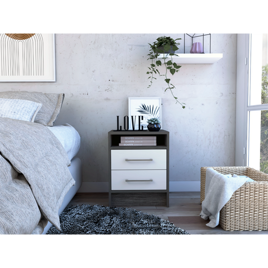 Gray and white twodrawer nightstand with metal handles and modern design