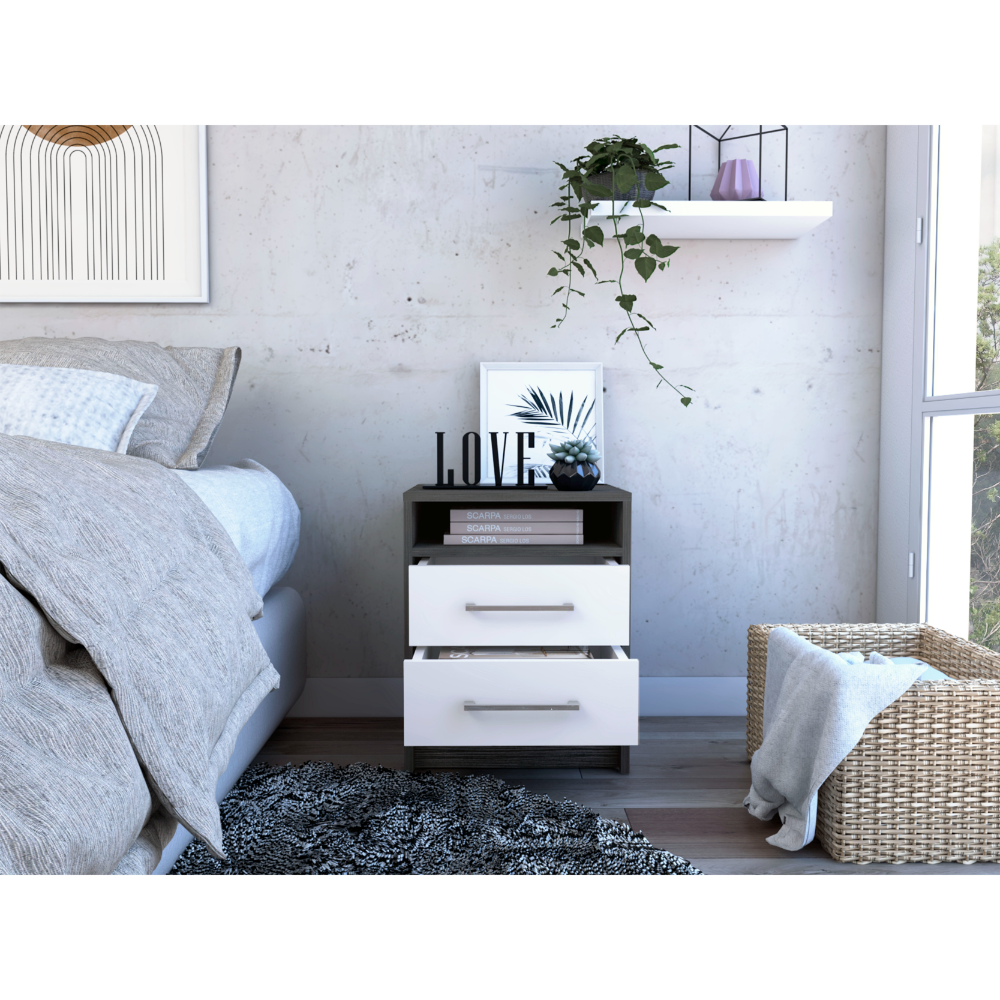 Twodrawer grey and white nightstand with silver handles next to a bed
