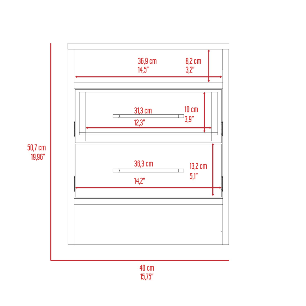 Line drawing of a threedrawer cabinet with dimensions