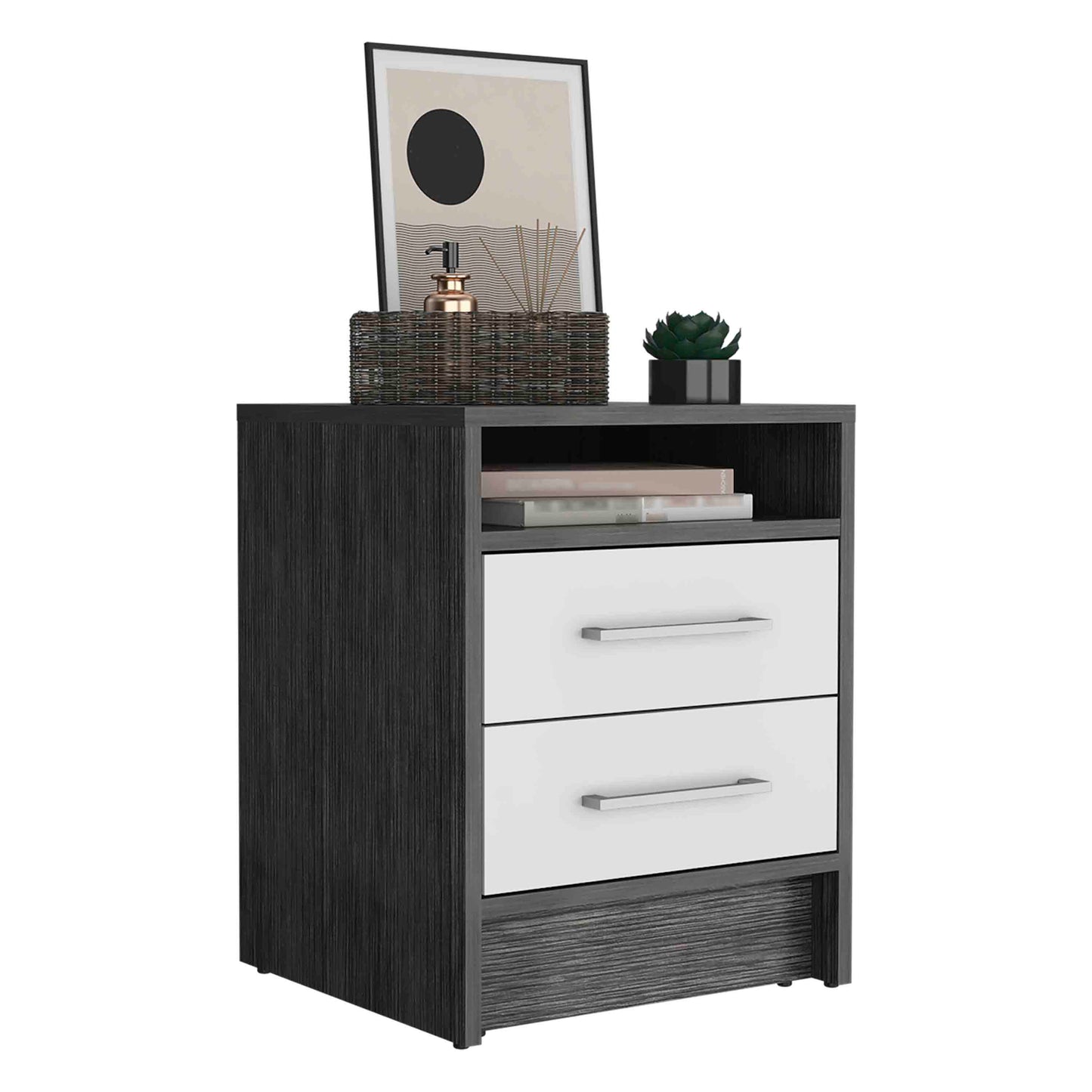 Modern twodrawer nightstand with dark wood grain and white drawer fronts