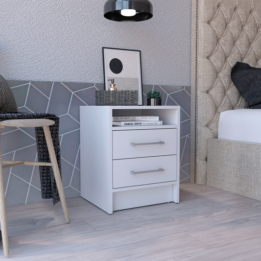 Modern white drawer nightstand with open shelf for bedroom storage
