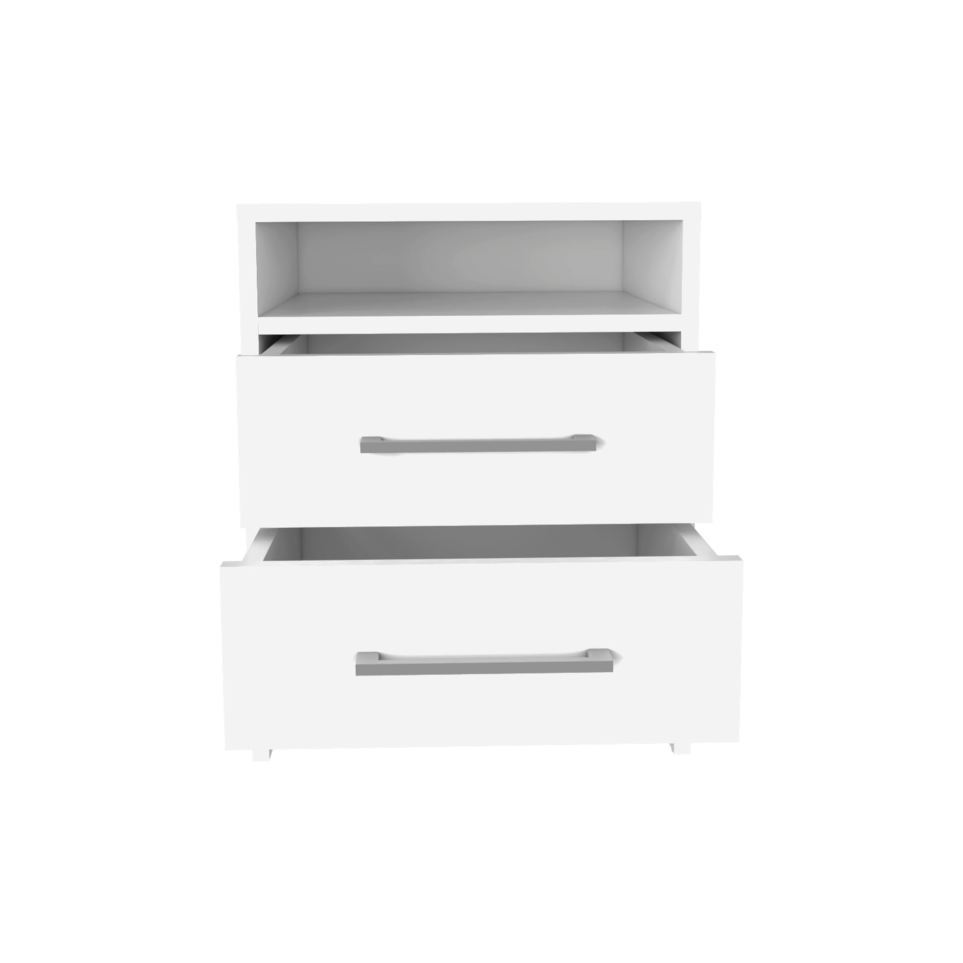 White twodrawer nightstand with open shelving above