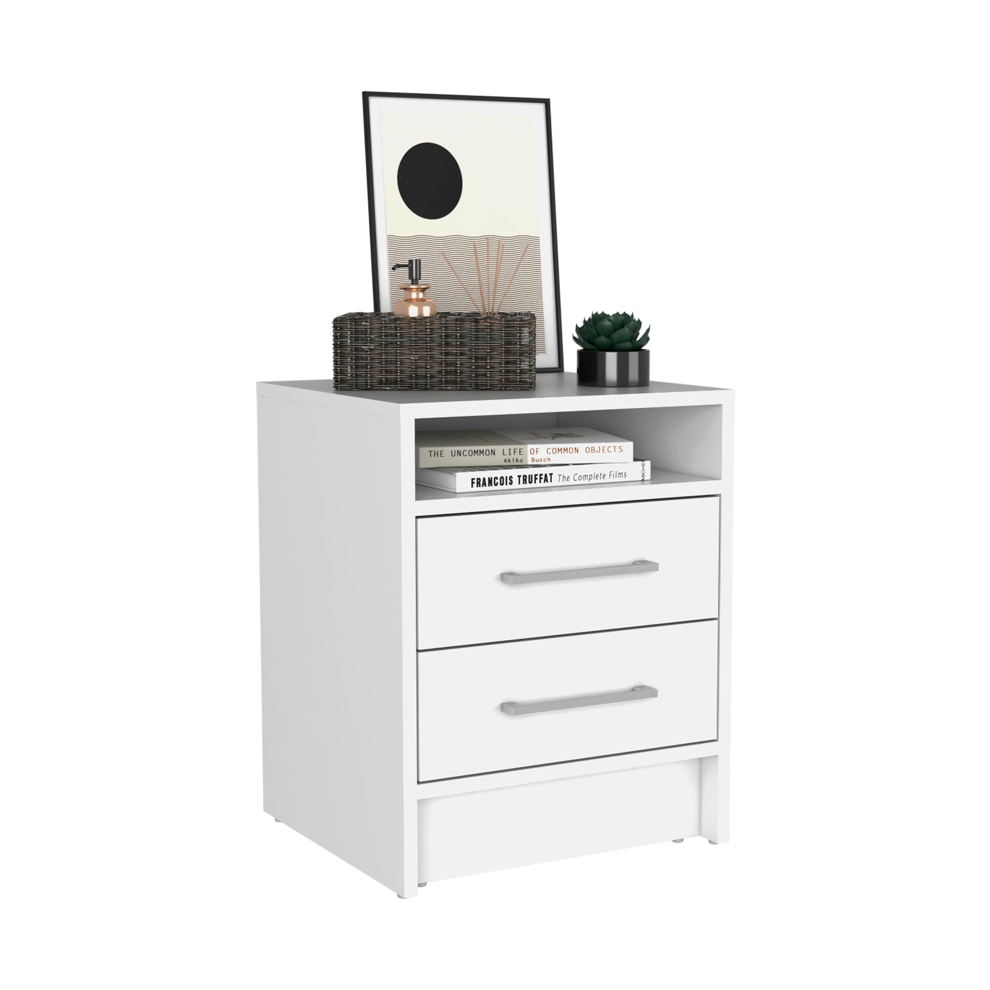 White modern nightstand with two drawers and silver handles