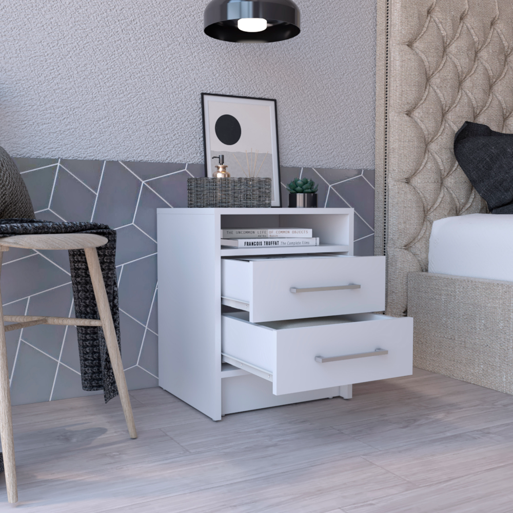 Modern white nightstand with two drawers and silver handles ideal for bedroom storage