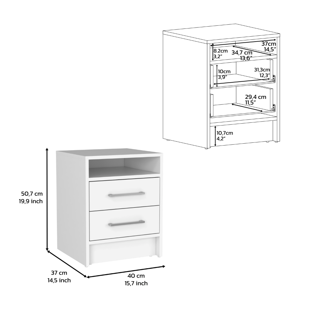 White nightstand with two drawers and an open shelf