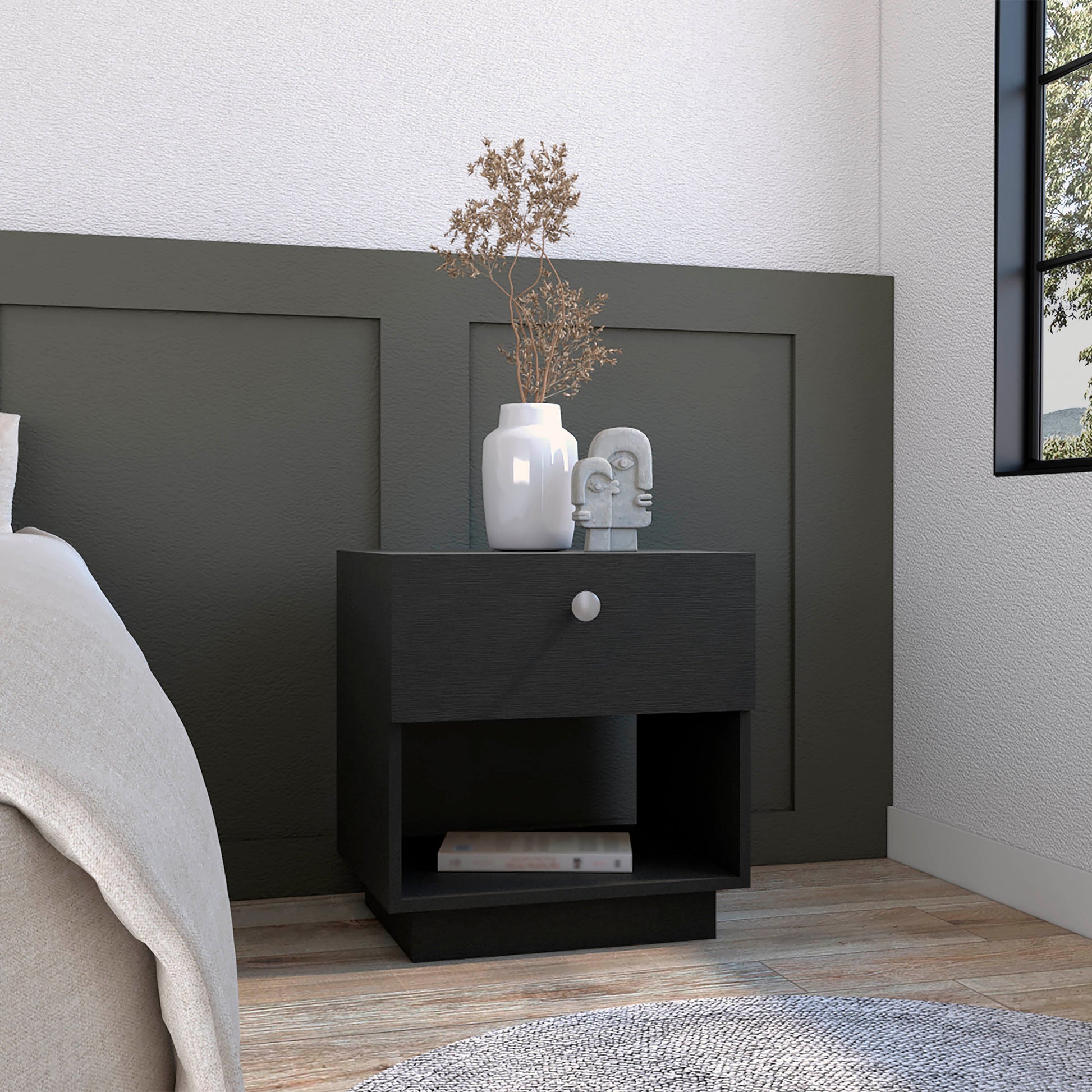 Sleek black bedside table with a single drawer silver knob and open shelf perfect for modern bedrooms