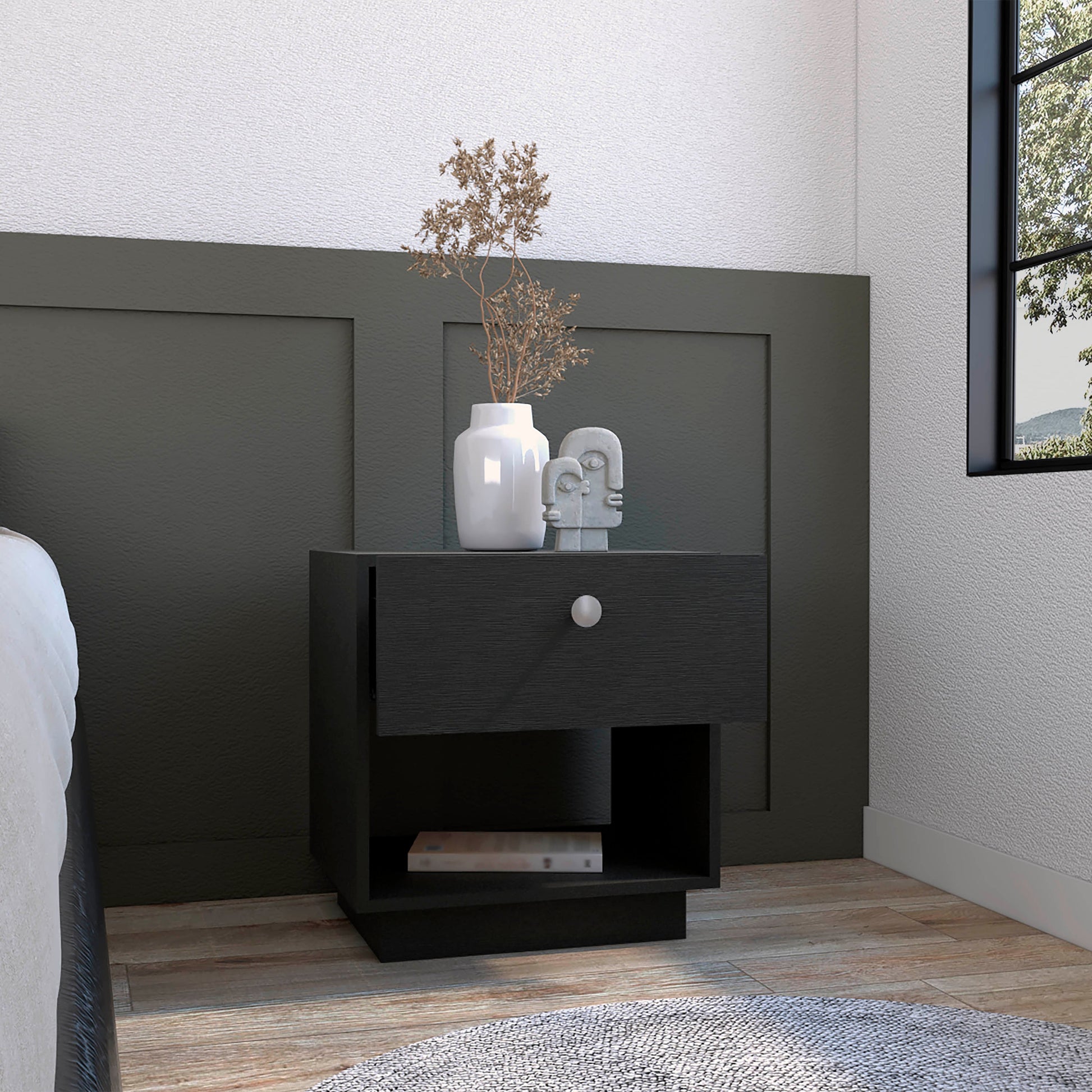 Modern black wood nightstand with one drawer and open shelf