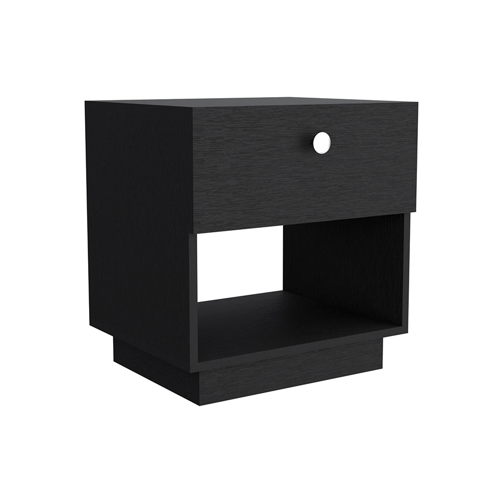 Modern black wooden nightstand with one drawer and open shelf