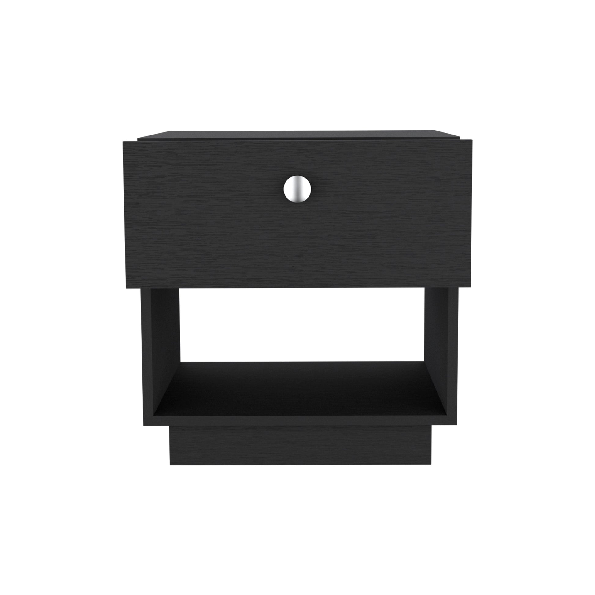 Modern black nightstand with one drawer and open shelf