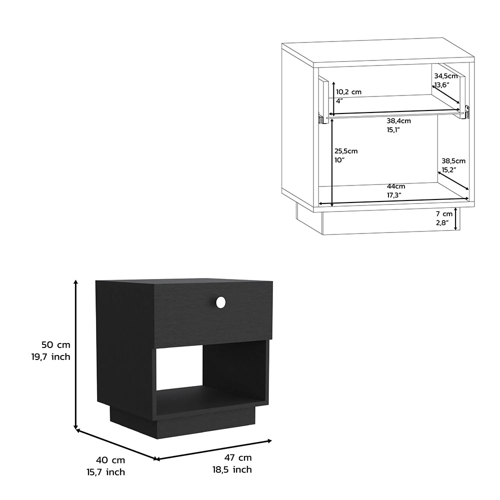 Dark wood nightstand with one drawer and open shelf xxcm