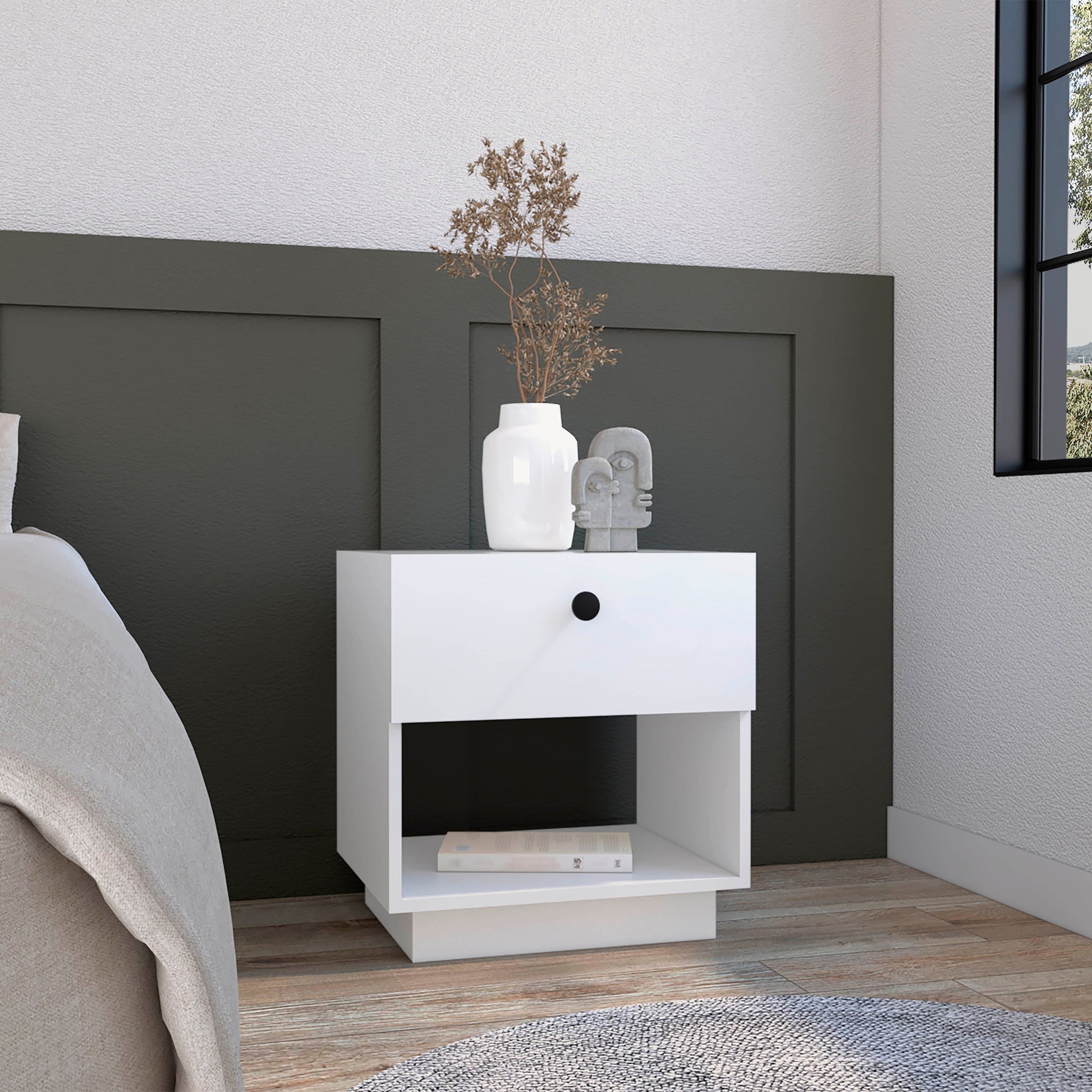 White modern nightstand with single drawer and open shelf perfect for bedroom storage