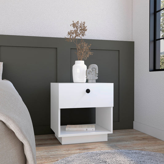 White modern nightstand with single drawer and open shelf perfect for bedroom storage