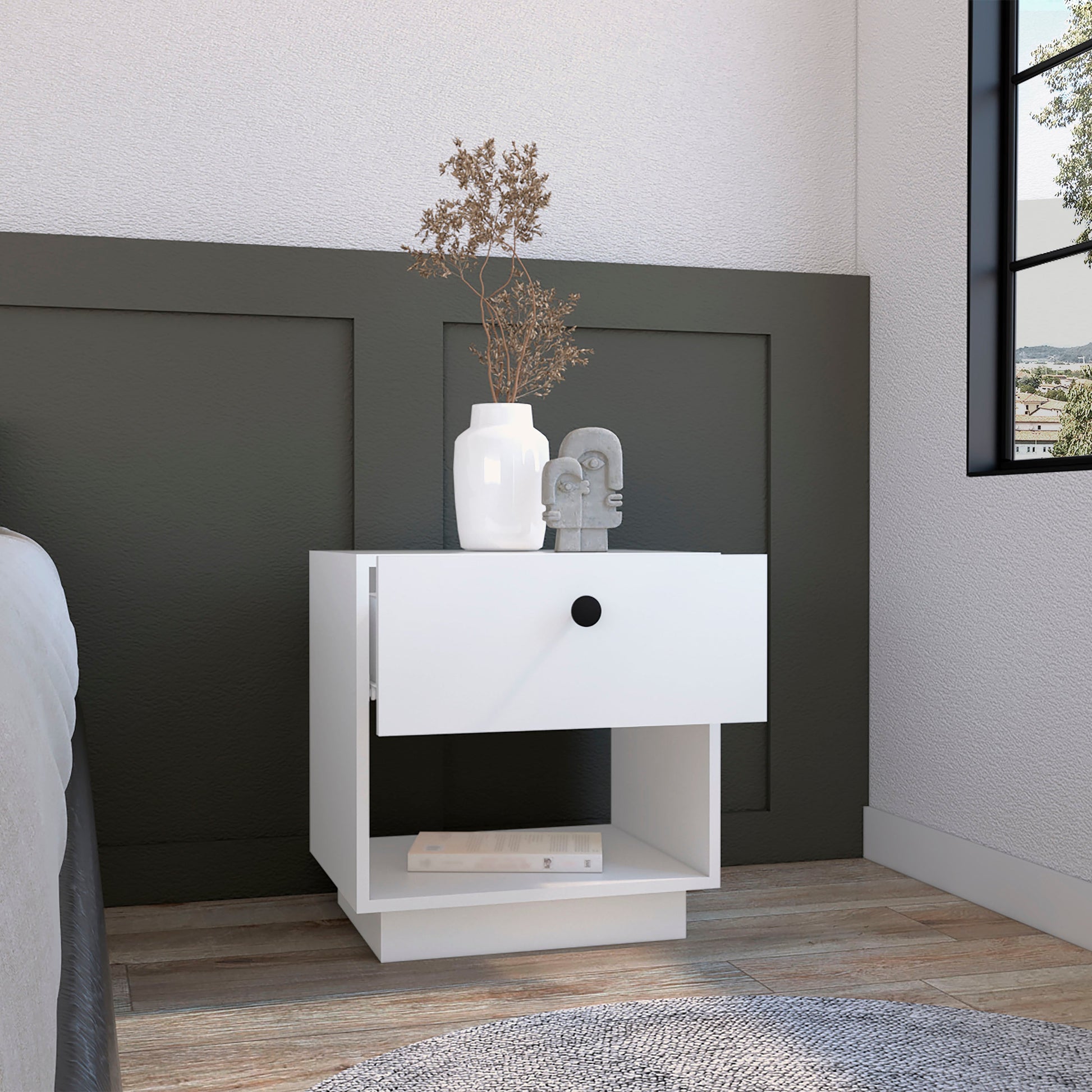 Modern white nightstand with a single drawer and open shelf perfect bedside table