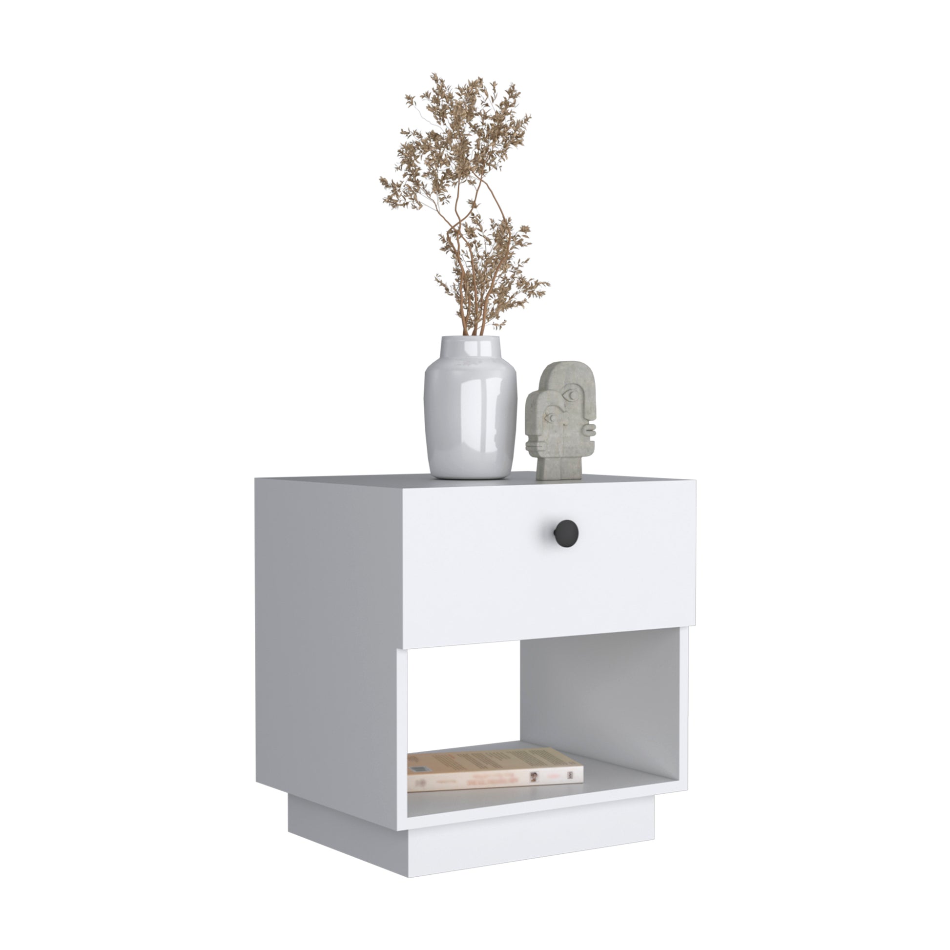 Modern white nightstand with open shelf featuring a single drawer with a black knob and minimalist design