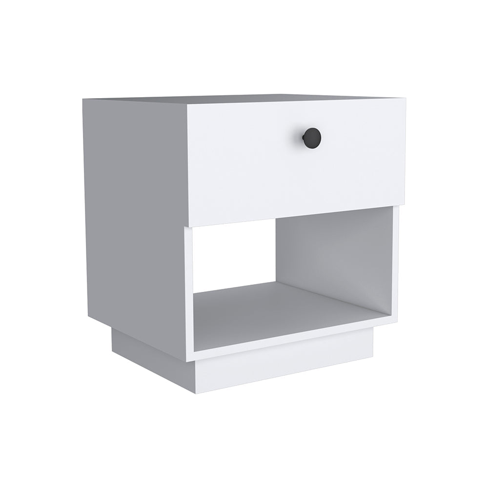 Modern white nightstand with one drawer and open shelf space