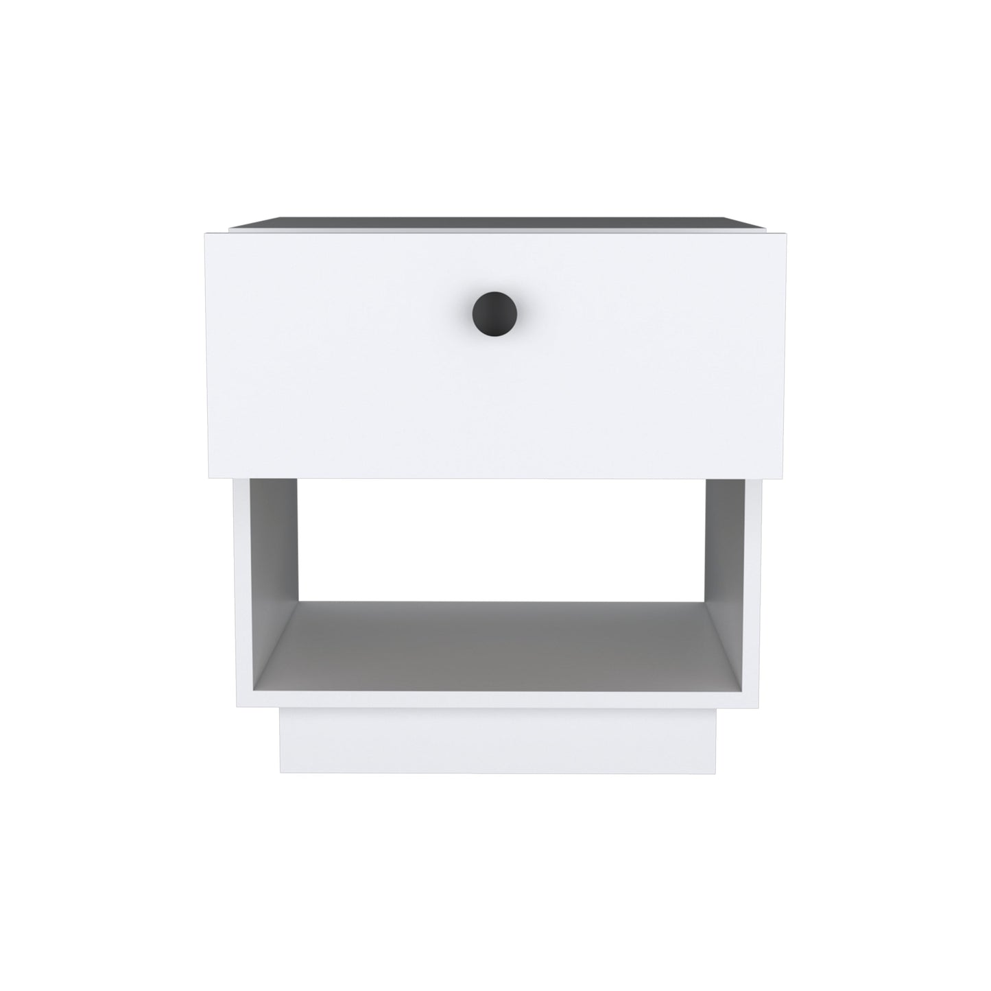 Modern white nightstand with a single drawer and open shelf for bedside storage