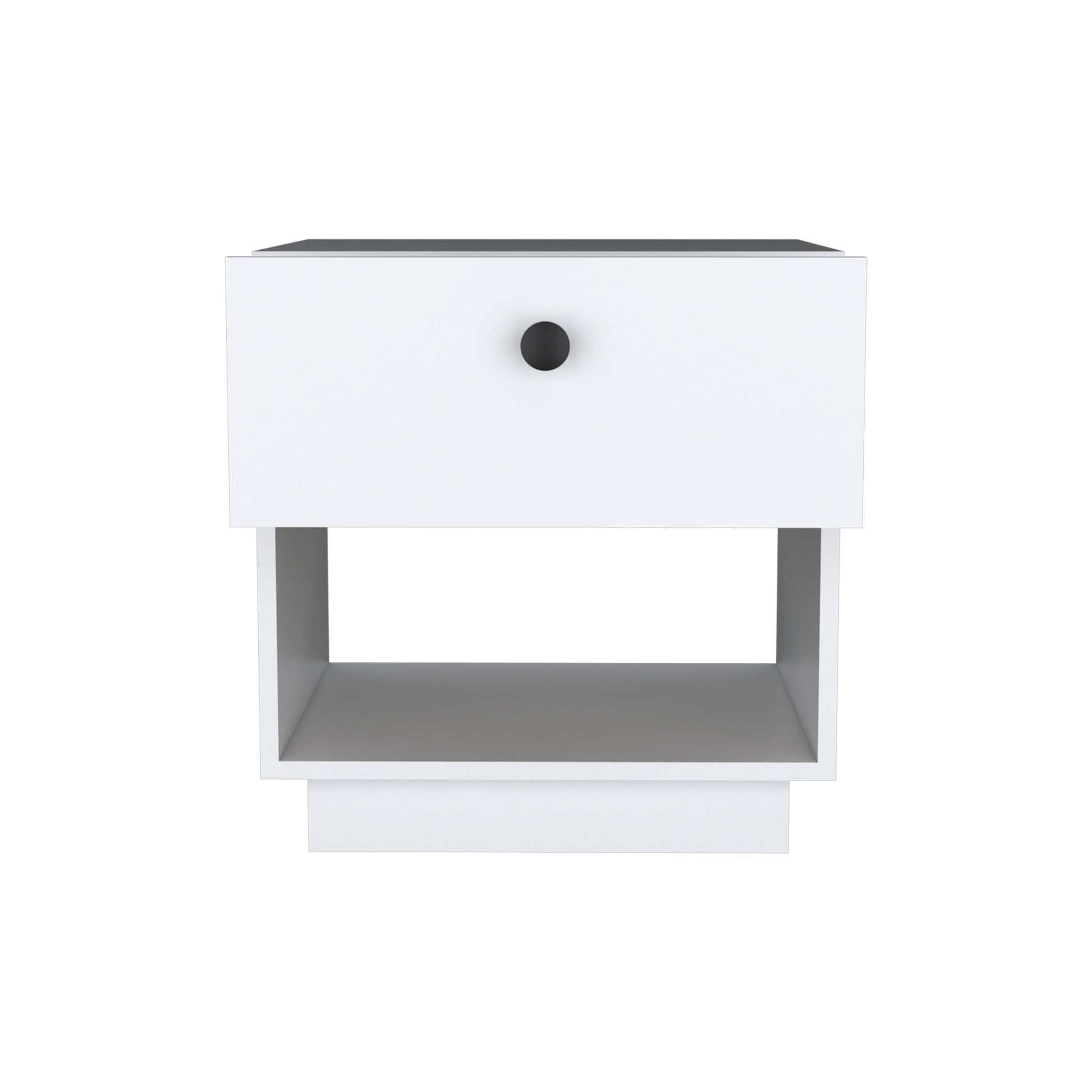 Modern white nightstand with a single drawer and open shelf for bedside storage