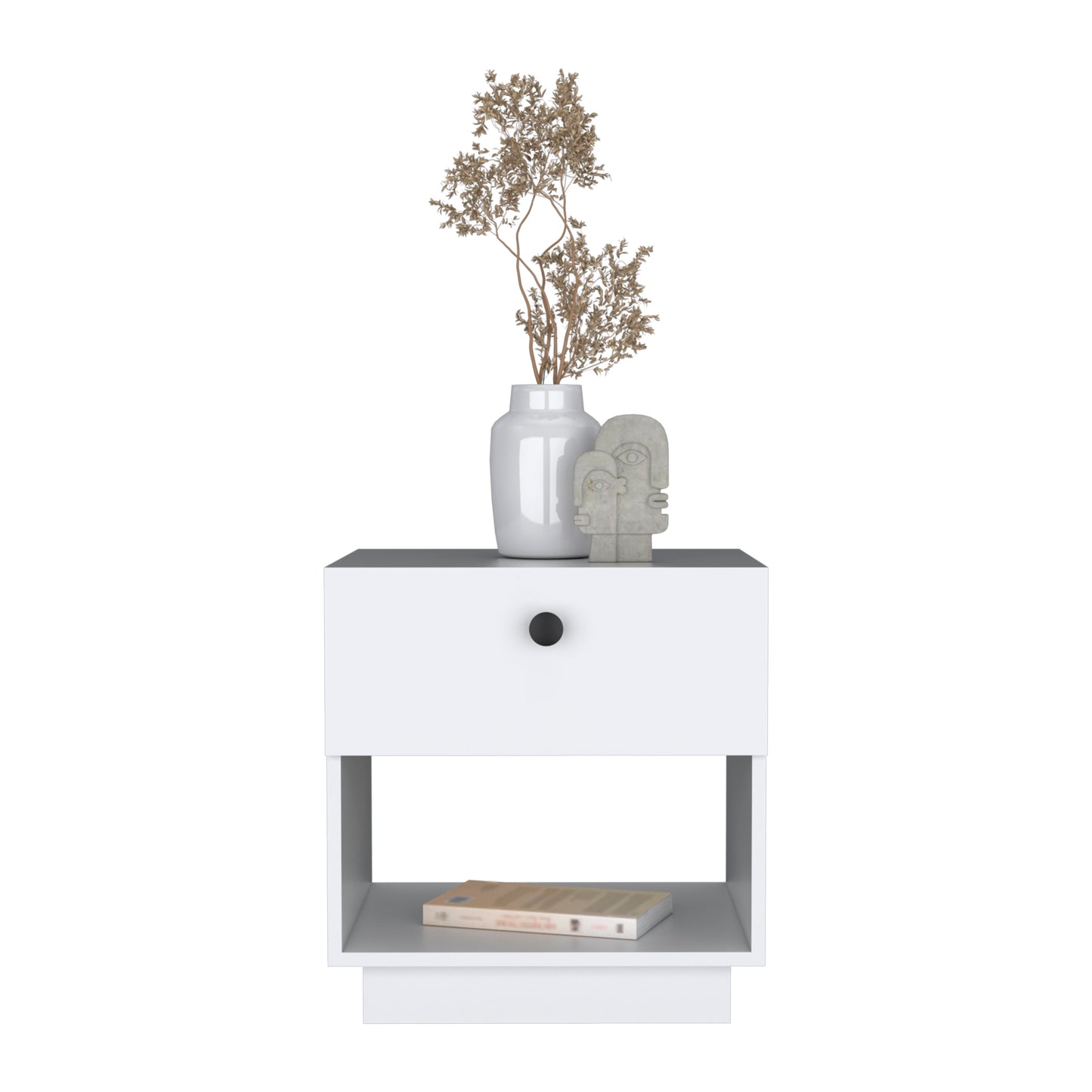 White modern nightstand with drawer and open shelf home decor item