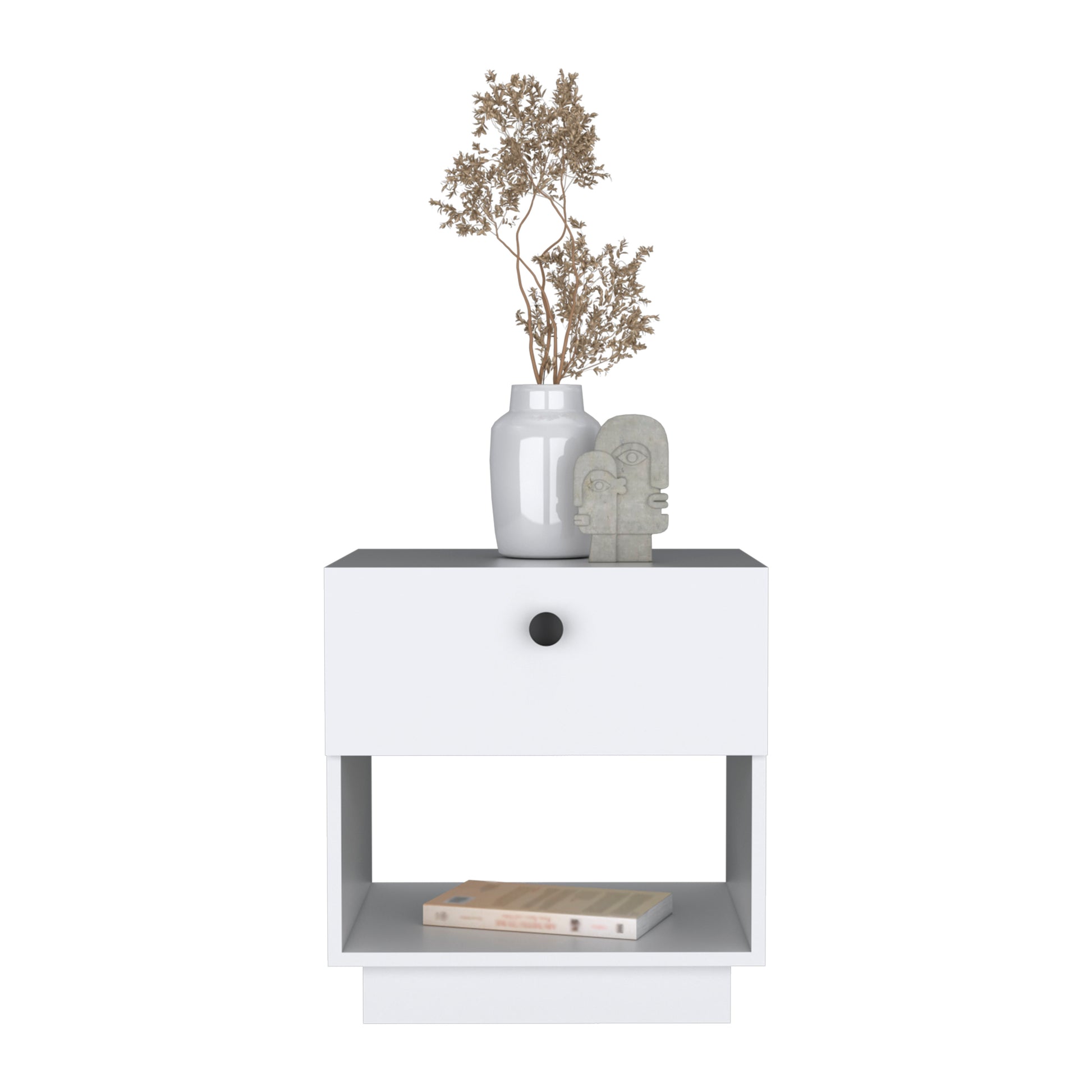 White modern nightstand with drawer and open shelf home decor item