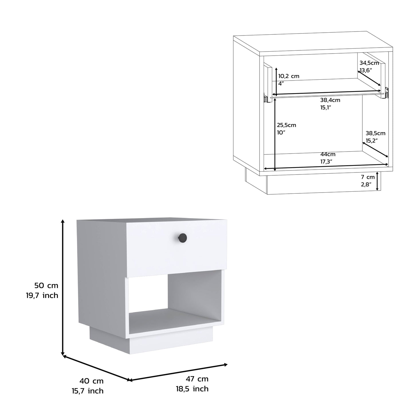 White nightstand with a single drawer and an open shelf cm height