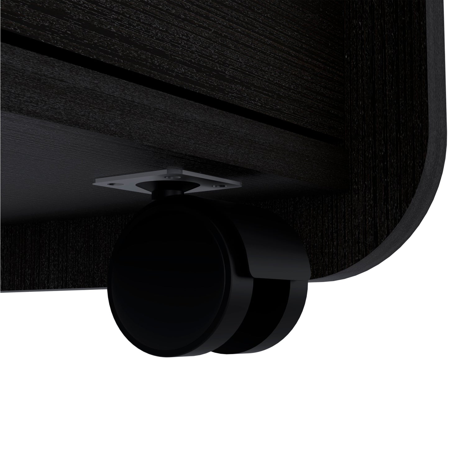 Dark wood grain finish on a desk with black swivel casters attached