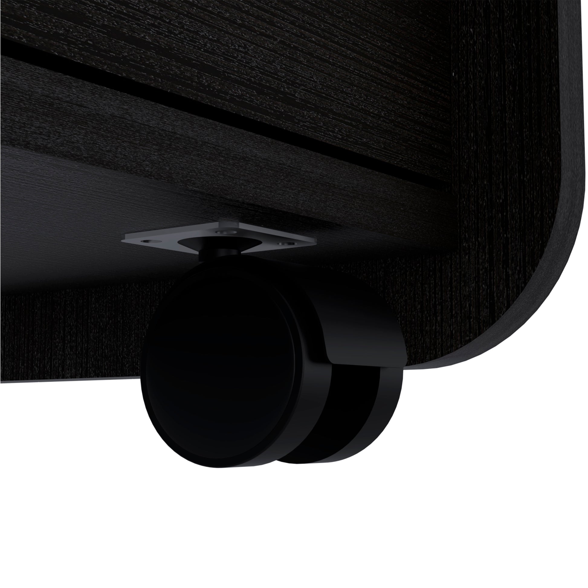 Dark wood grain finish on a desk with black swivel casters attached