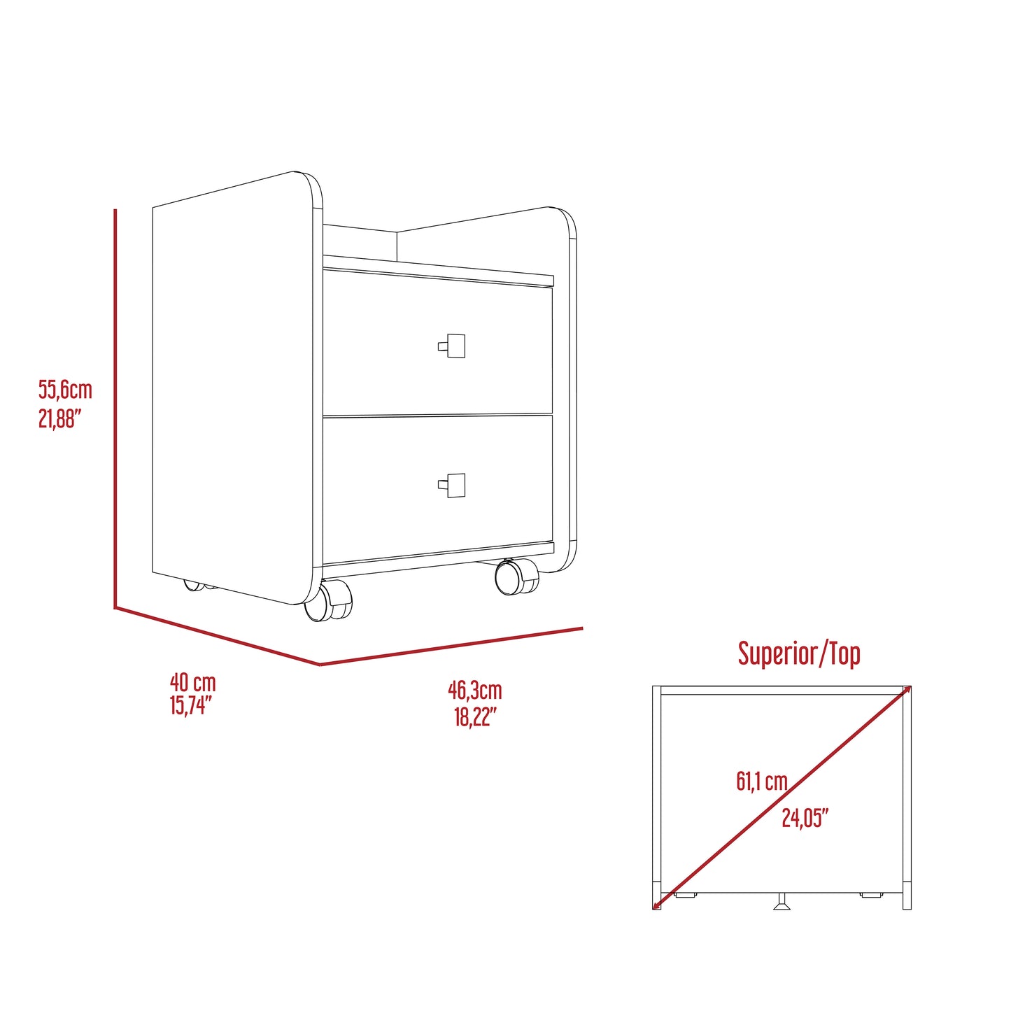 Line drawing of a white rolling filing cabinet with two drawers and dimensional callouts
