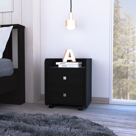 Black twodrawer nightstand with silver square pulls and caster wheels