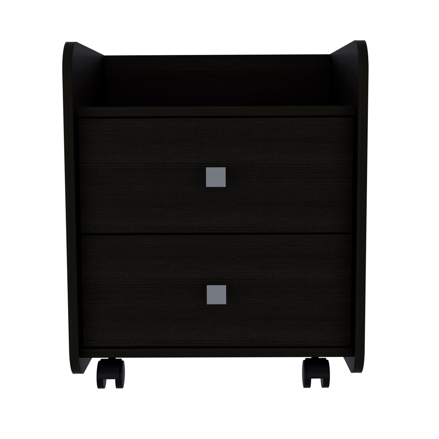 Dark brown wheeled nightstand with two drawers and silver square pulls