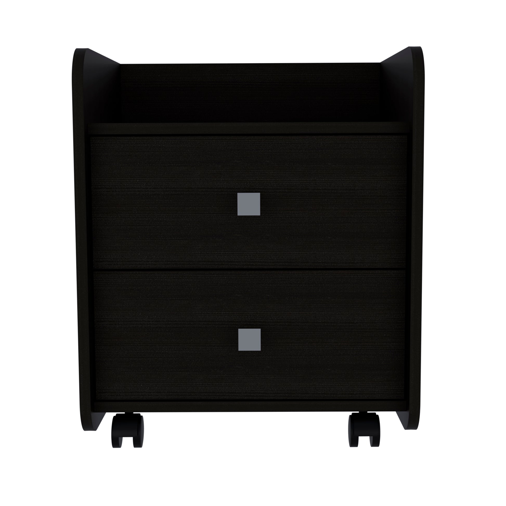 Dark brown wheeled nightstand with two drawers and silver square pulls