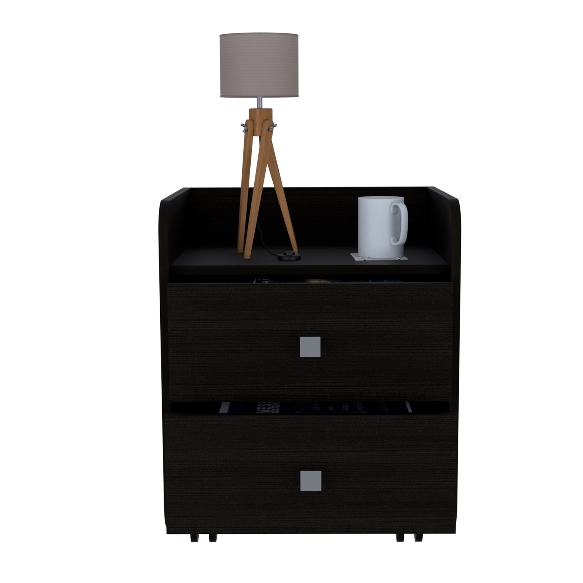 Dark wood bedside table with two drawers and silver pulls top holds a lamp and mug