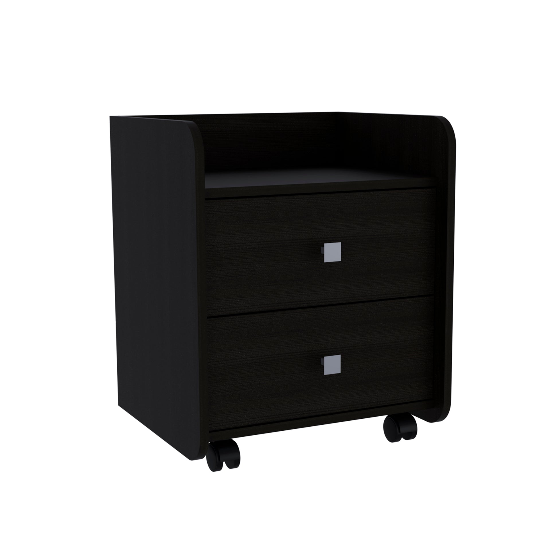 Dark wood nightstand with two drawers and silver square pulls on wheels