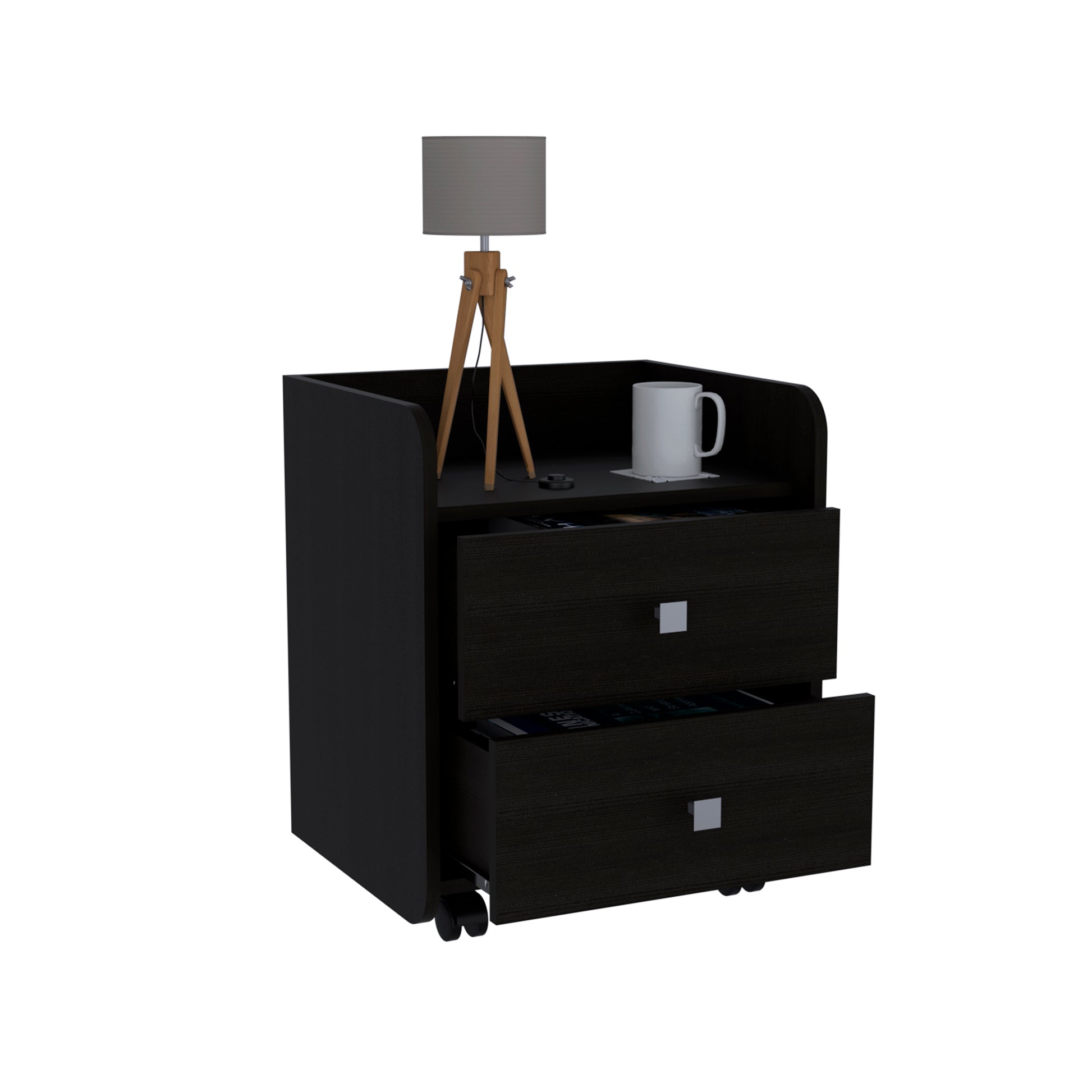 Dark wood bedside table with two drawers lamp and mug on top