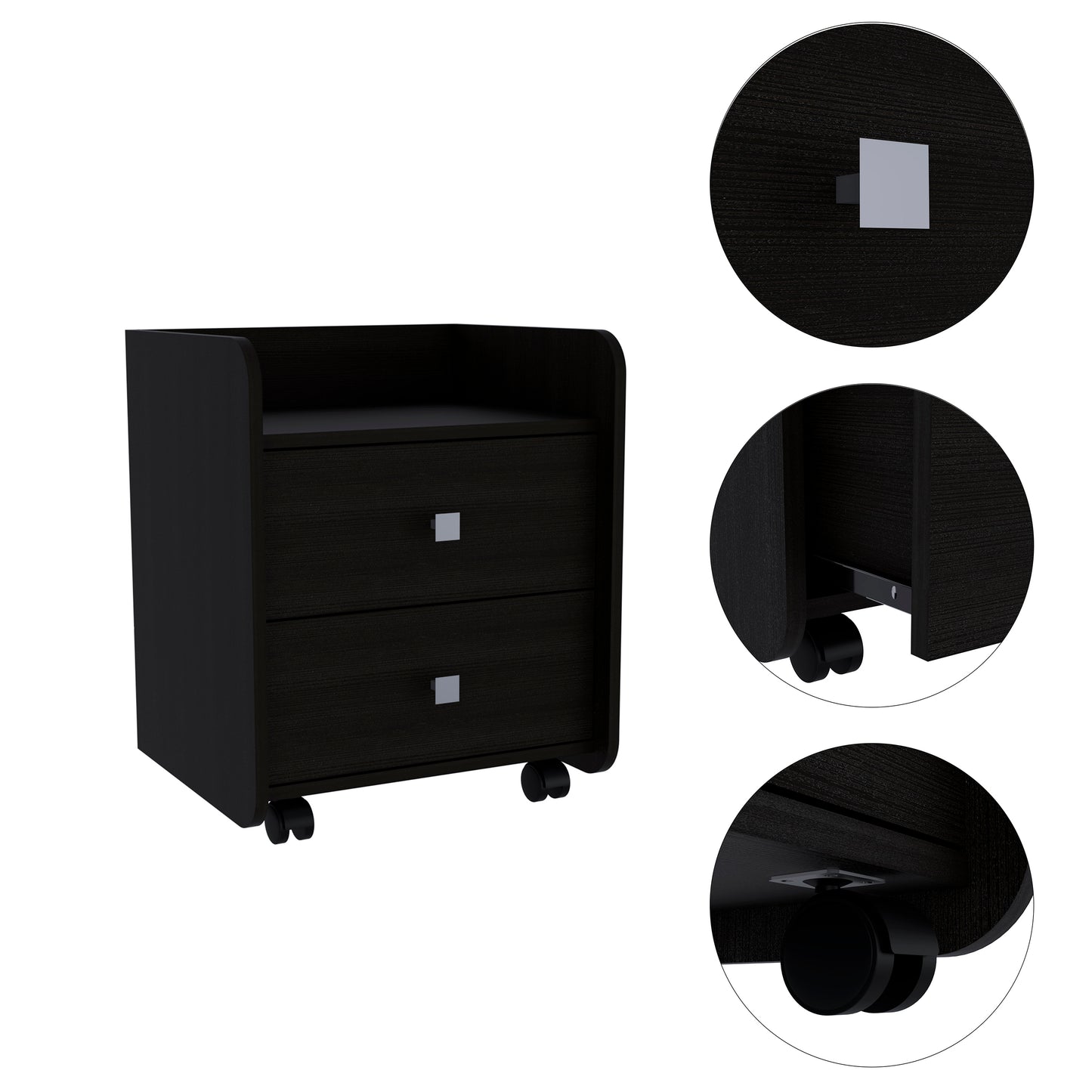 Dark wood bedside table with two drawers and silver handles on wheels