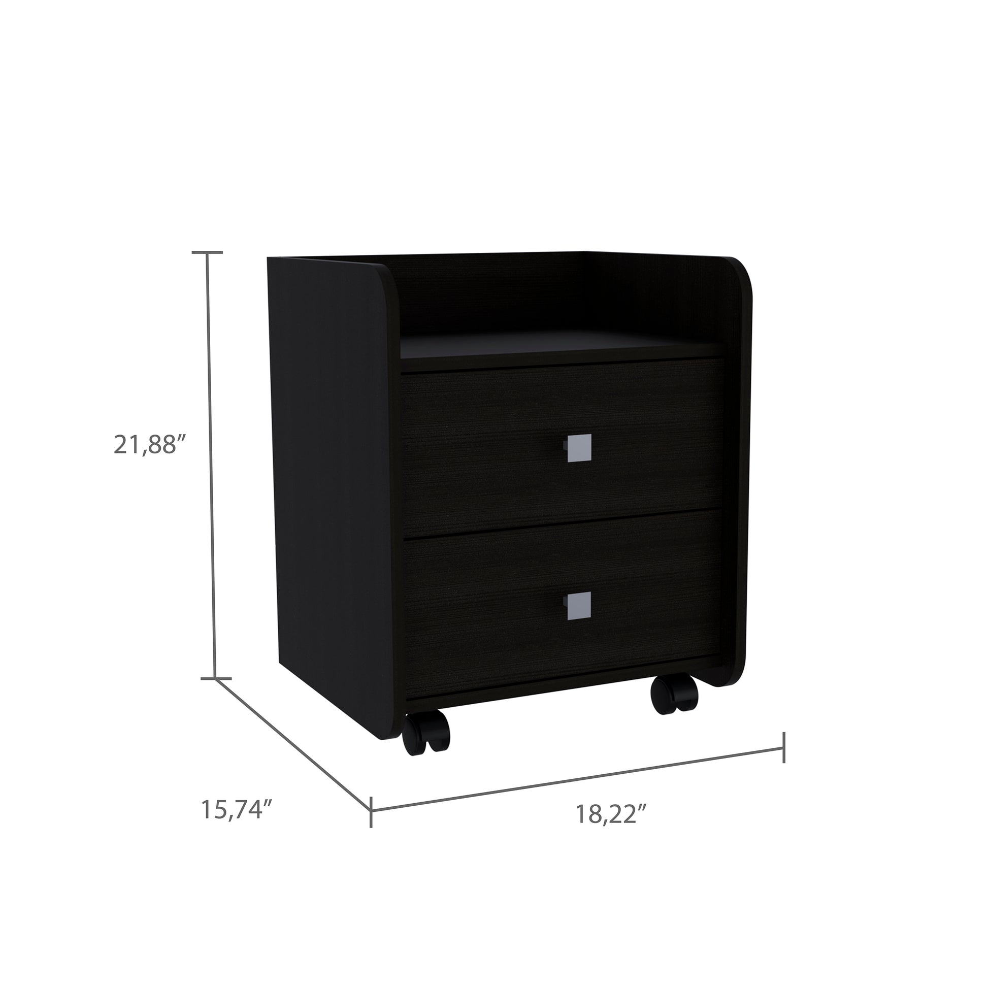 Compact dark wood nightstand with two drawers and silver square pulls on wheels