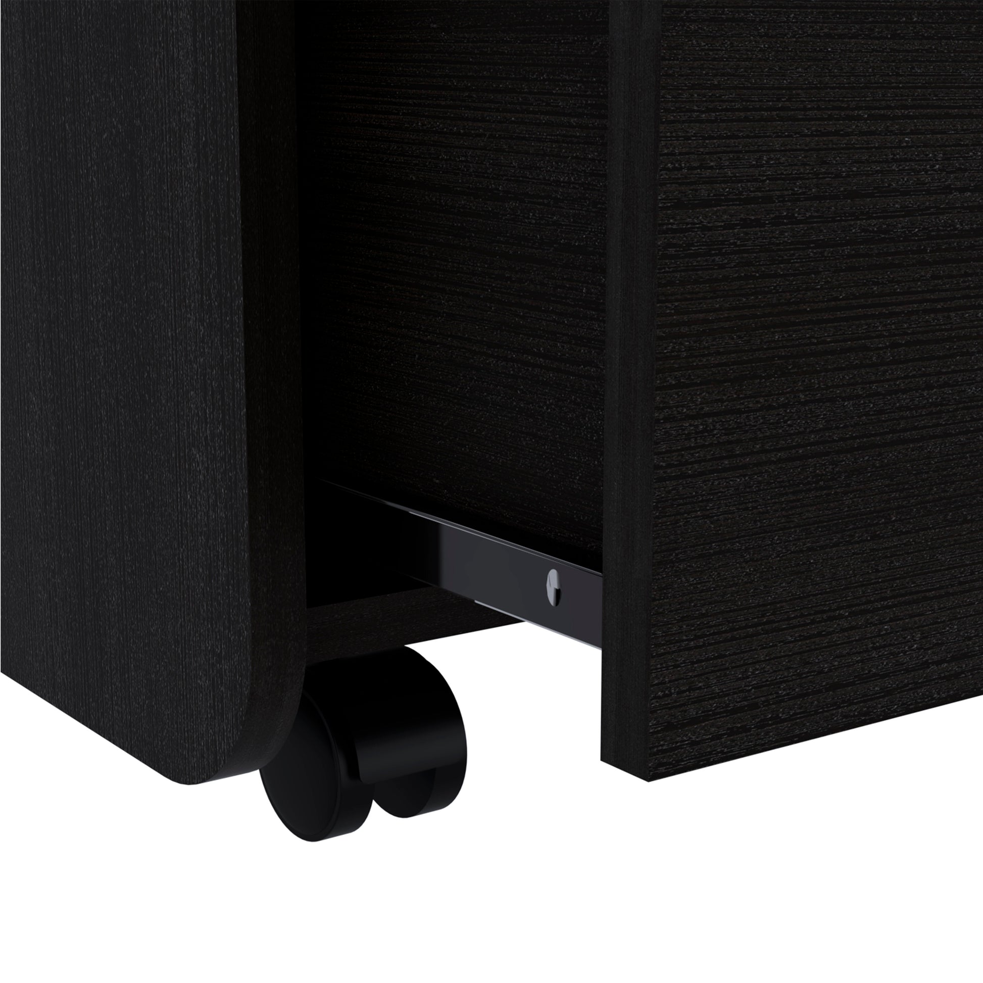 Dark wood filing cabinet detail with smooth rolling casters