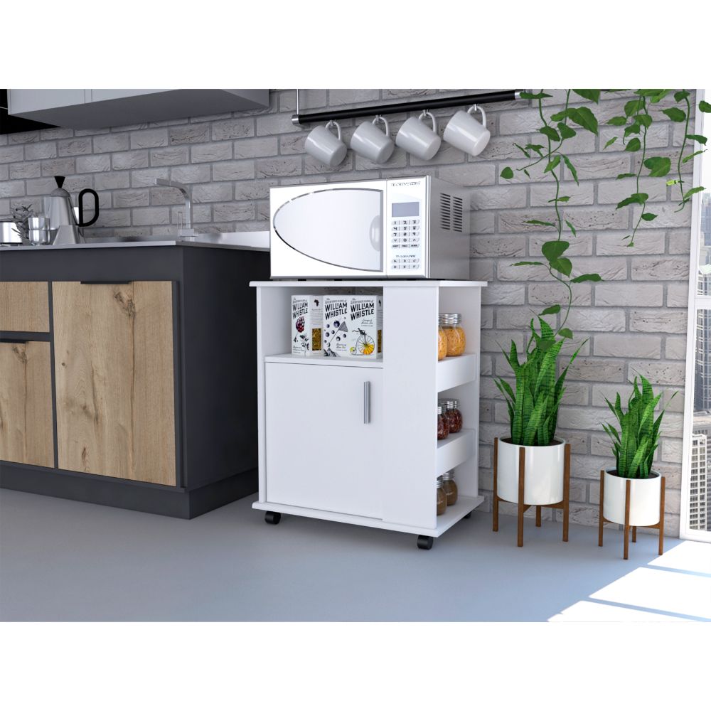 White microwave cart with storage cabinet and shelves holding books and jars
