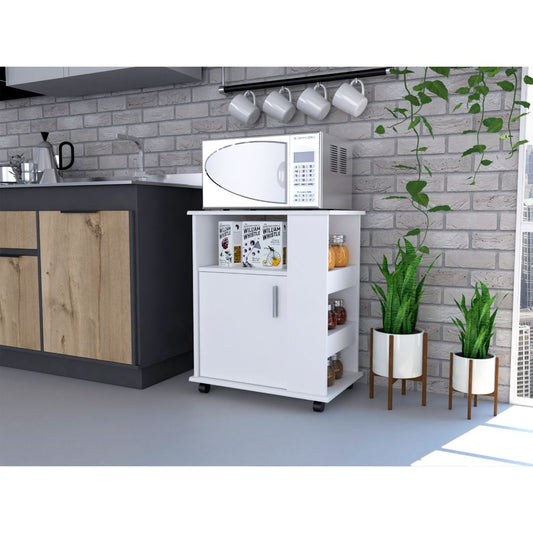 White microwave cart with storage cabinet and shelves holding books and jars