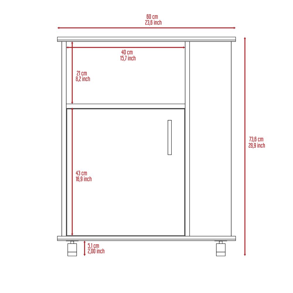 Line drawing of a white cabinet with dimensions cm x cm featuring one door