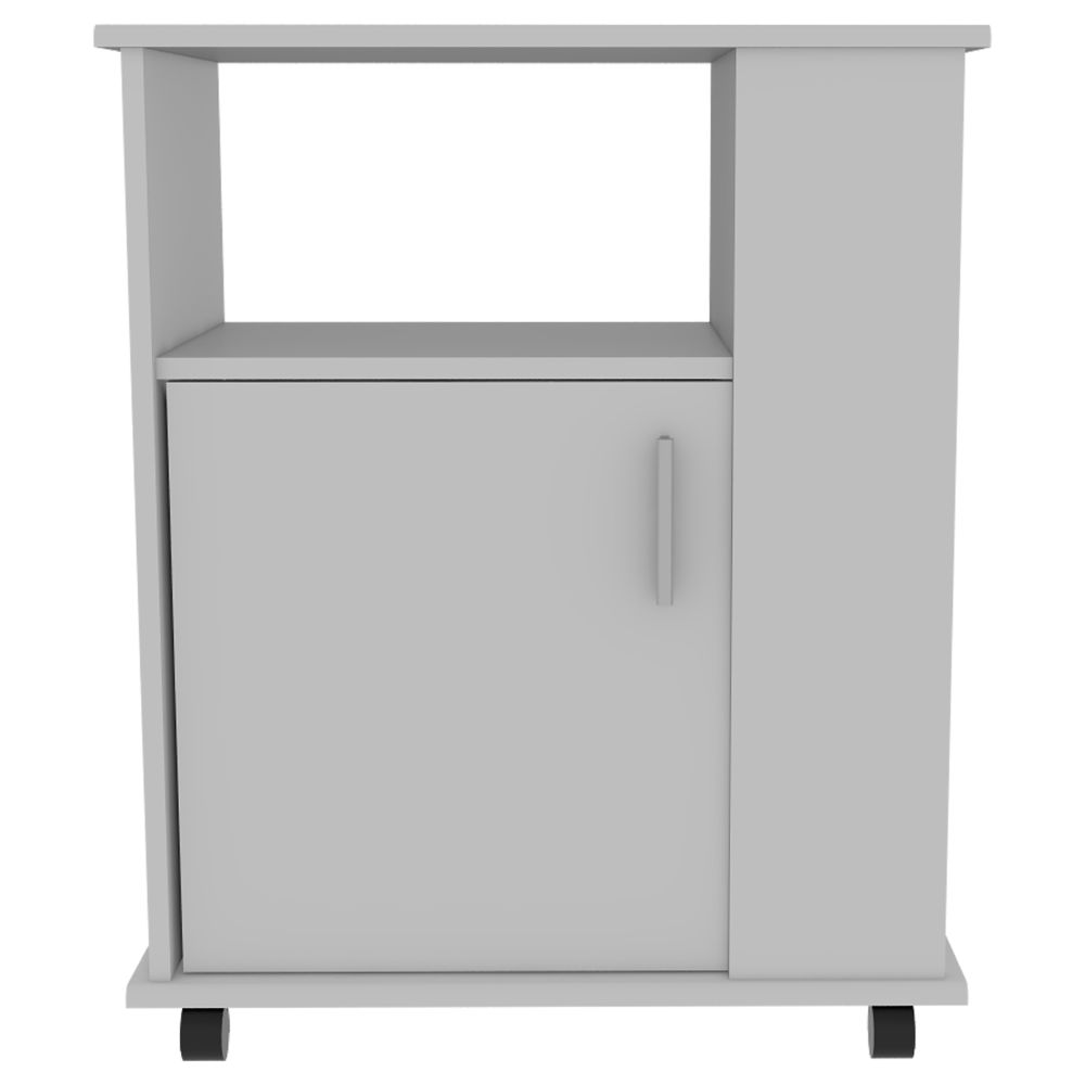 Modern grey rolling storage cabinet with one door and an open shelf compartment