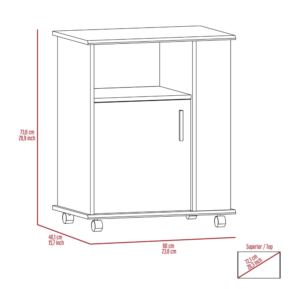Technical drawing of a white mobile cabinet with one door and open shelf  cm high