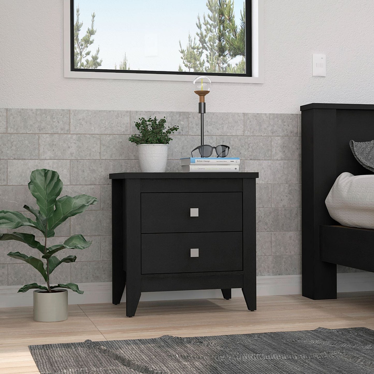 Black twodrawer nightstand with silver square knobs perfect for bedroom storage