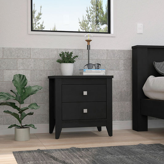 Black twodrawer nightstand with silver square knobs perfect for bedroom storage