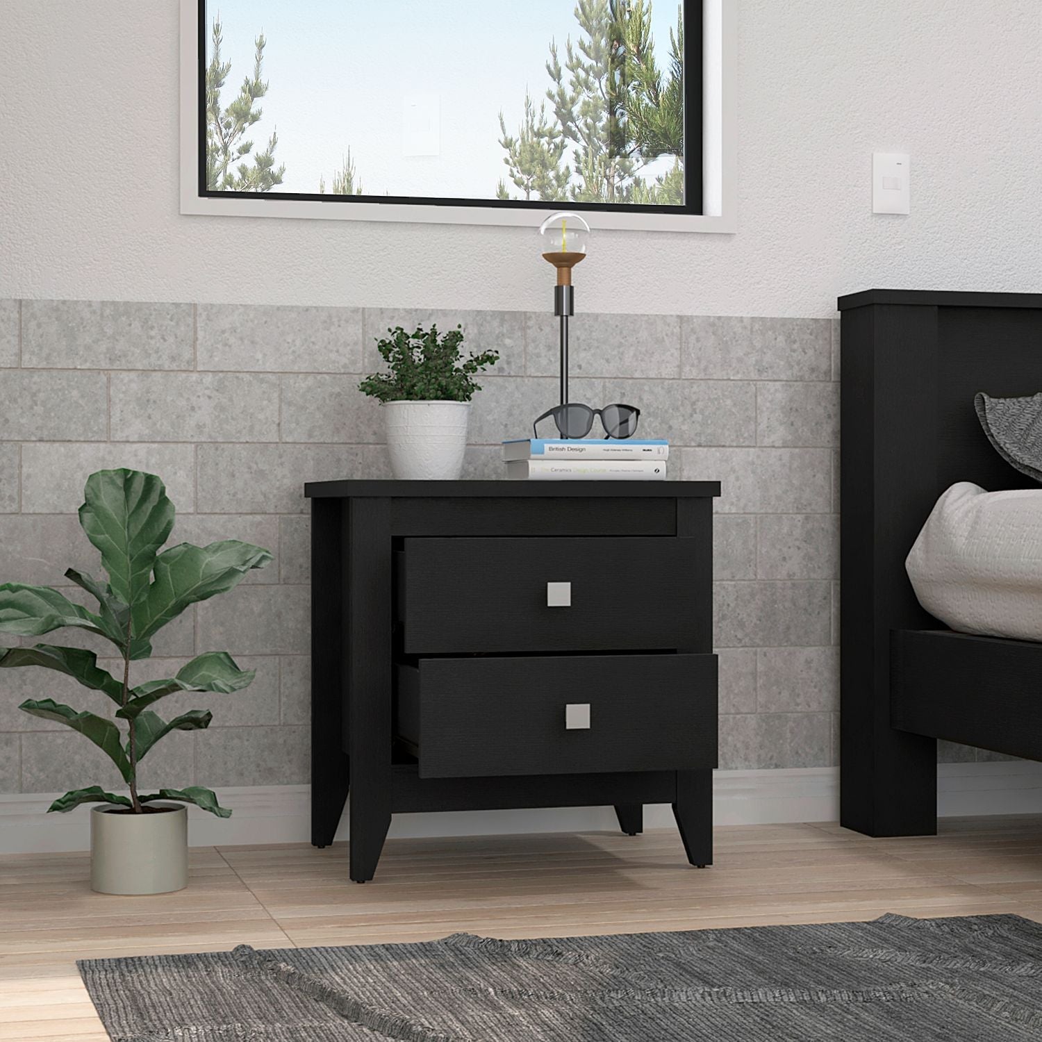 Black wooden nightstand with two drawers and silver square pulls